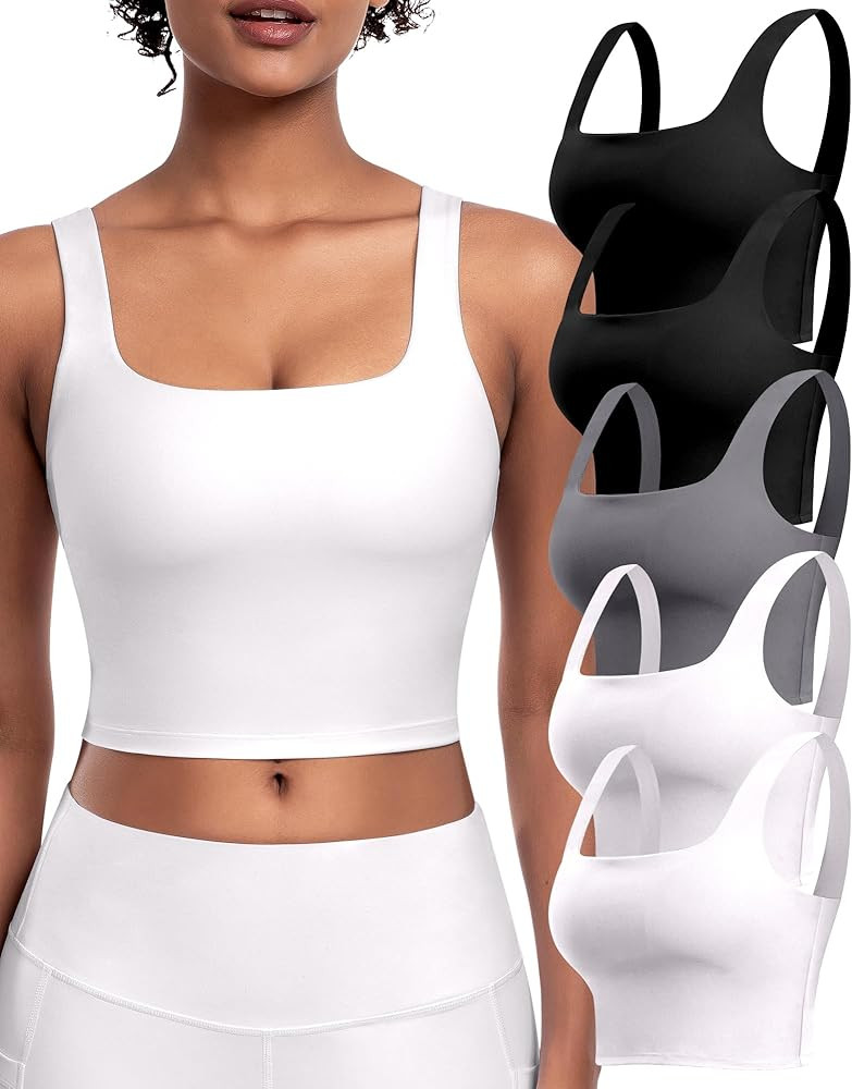 Womens Sports Bras 5 Packs - Square Neck Longline Workout Crop Tank Tops Padded Yoga Camisole wit... | Amazon (US)