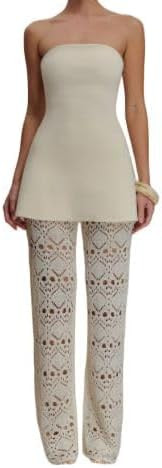 Wuitrie Knit 2 Piece Sets for Women Off Shoulder Tube Top Floral Hollow Out Straight Leg Pants Wo... | Amazon (US)