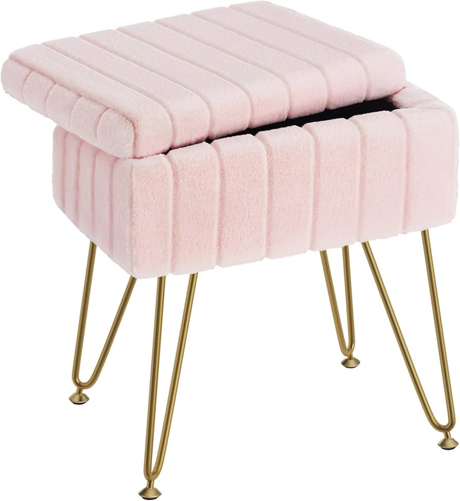 Greenstell Vanity Stool Chair Faux Fur with Storage, 15.7"L x 11.8"W x 19.4"H Soft Ottoman 4 Meta... | Amazon (US)