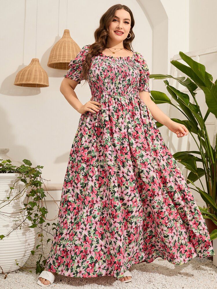 Plus Allover Floral Print Shirred Frill Trim Puff Sleeve Dress | SHEIN