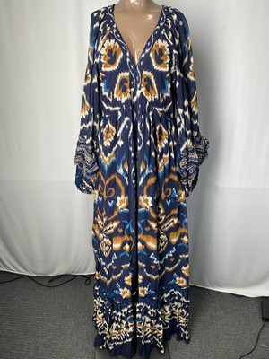 Farm Rio Womens Maxi Dress Blue Size L Pineapple Ikat Print Ruffle Plunge V-Neck | eBay US