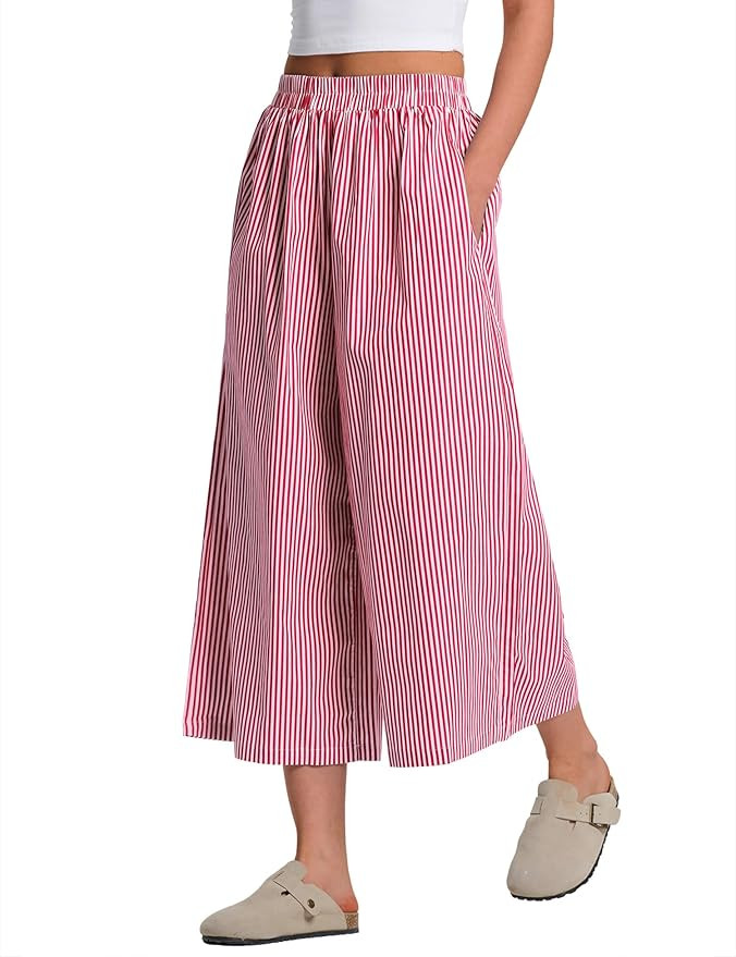 LOMON Womens Wide Leg Capri Pants Cotton Gingham Plaid Culottes Summer Elastic Waist Palazzo Trou... | Amazon (US)