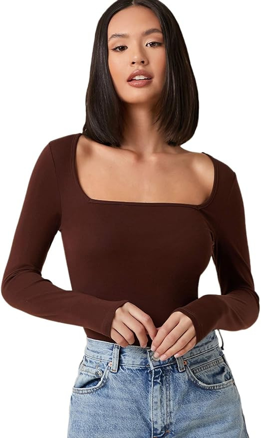 Verdusa Women's Basic Square Neck Long Sleeve Solid Slim Fitted T-Shirt Top | Amazon (US)