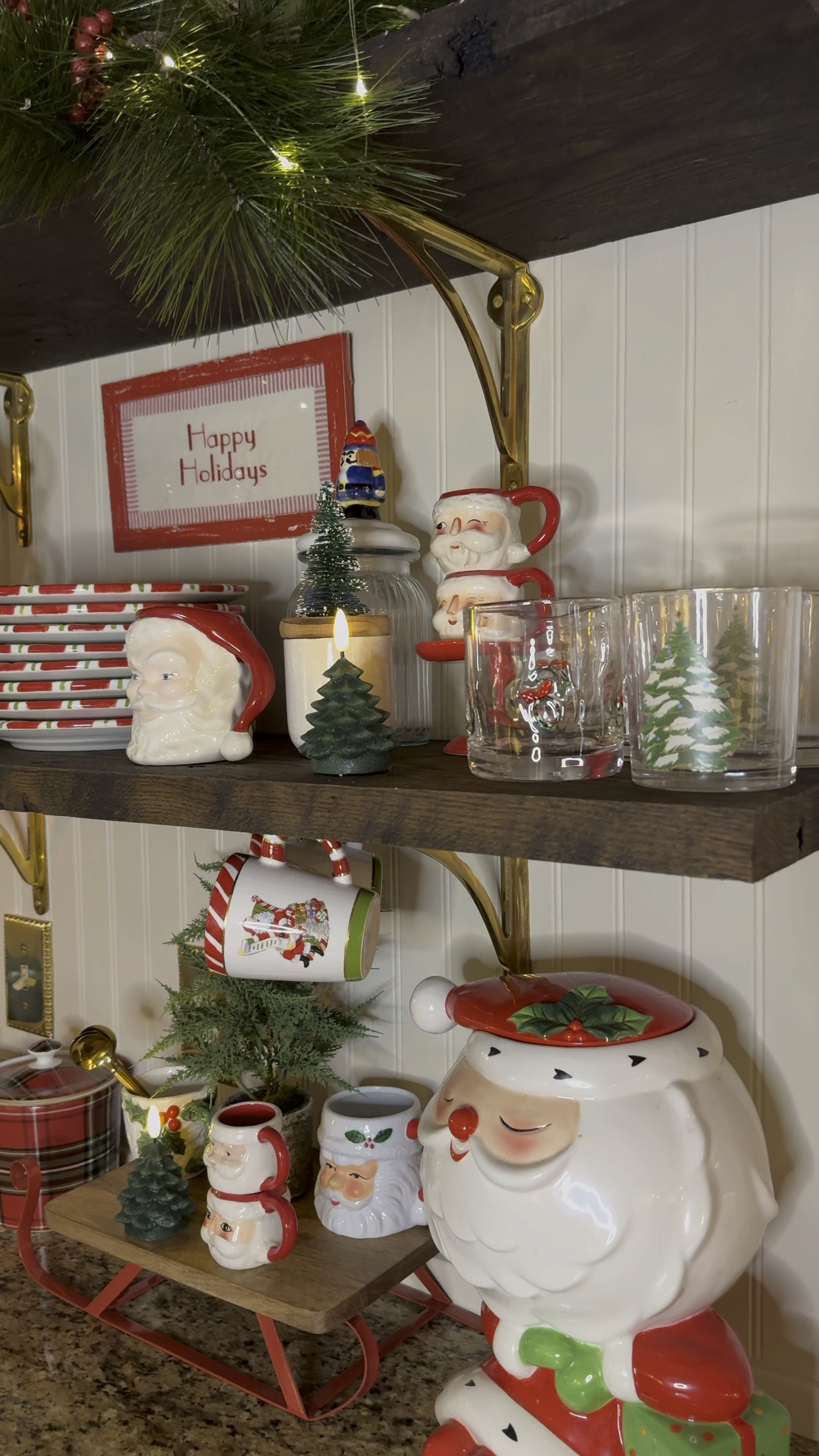 Kitchen Christmas decor and accessories, holiday glassware, Christmas glasses, Santa mugs, festive Christmas mugs, plaid tablecloth made into cafe curtains, brass shelf brackets, stackable nutcracker mugs, MacKenzie-Child’s Christmas and holiday, candy cane taper candle, sleigh charcuterie or drink station, Target holiday 

#LTKHoliday #LTKHome #LTKVideo