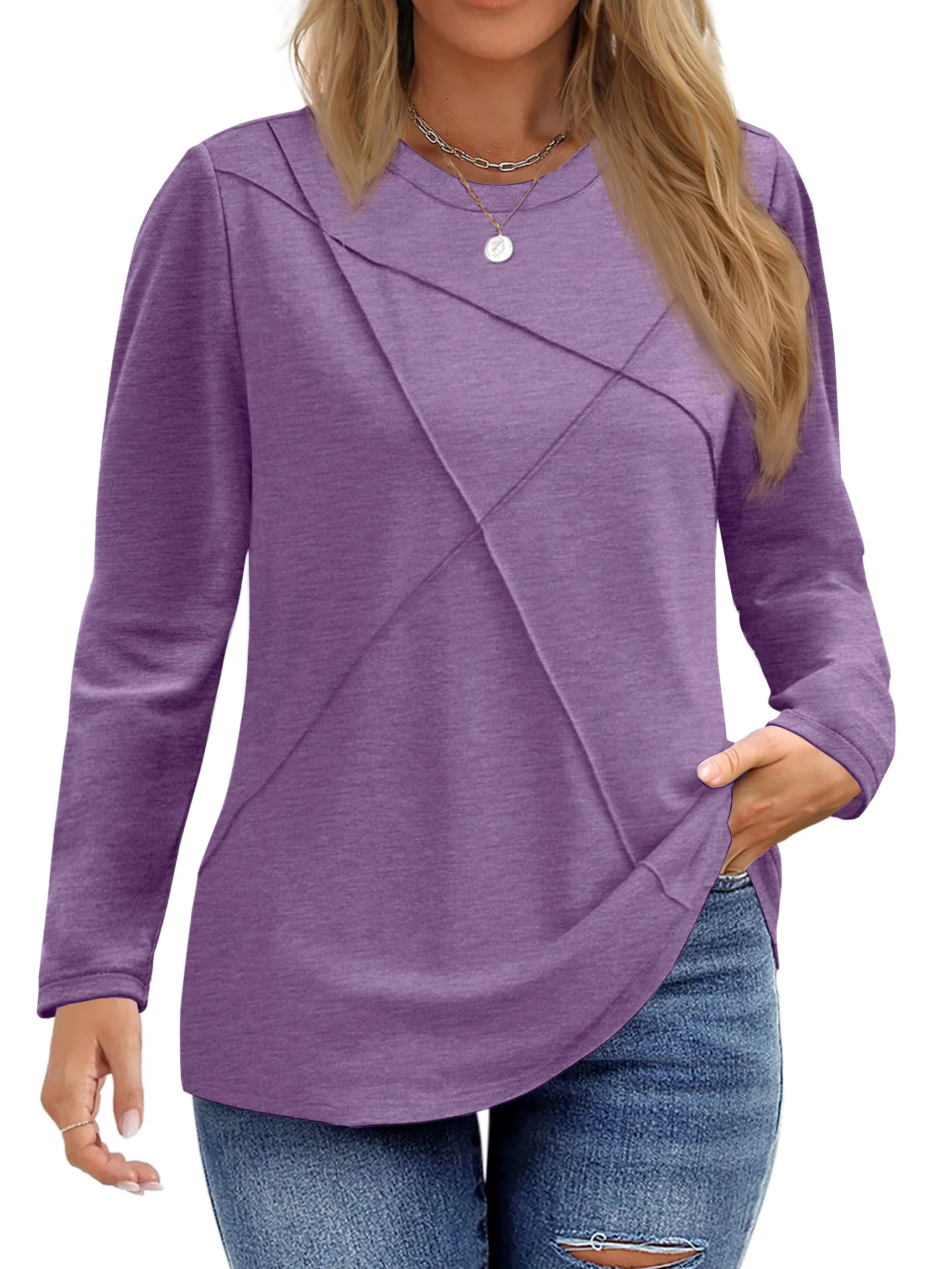 Fantaslook Women Plus Size Tops Pleated Crewneck Long Sleeve Shirts Dressy Casual Blouses Fall Tu... | Walmart (US)