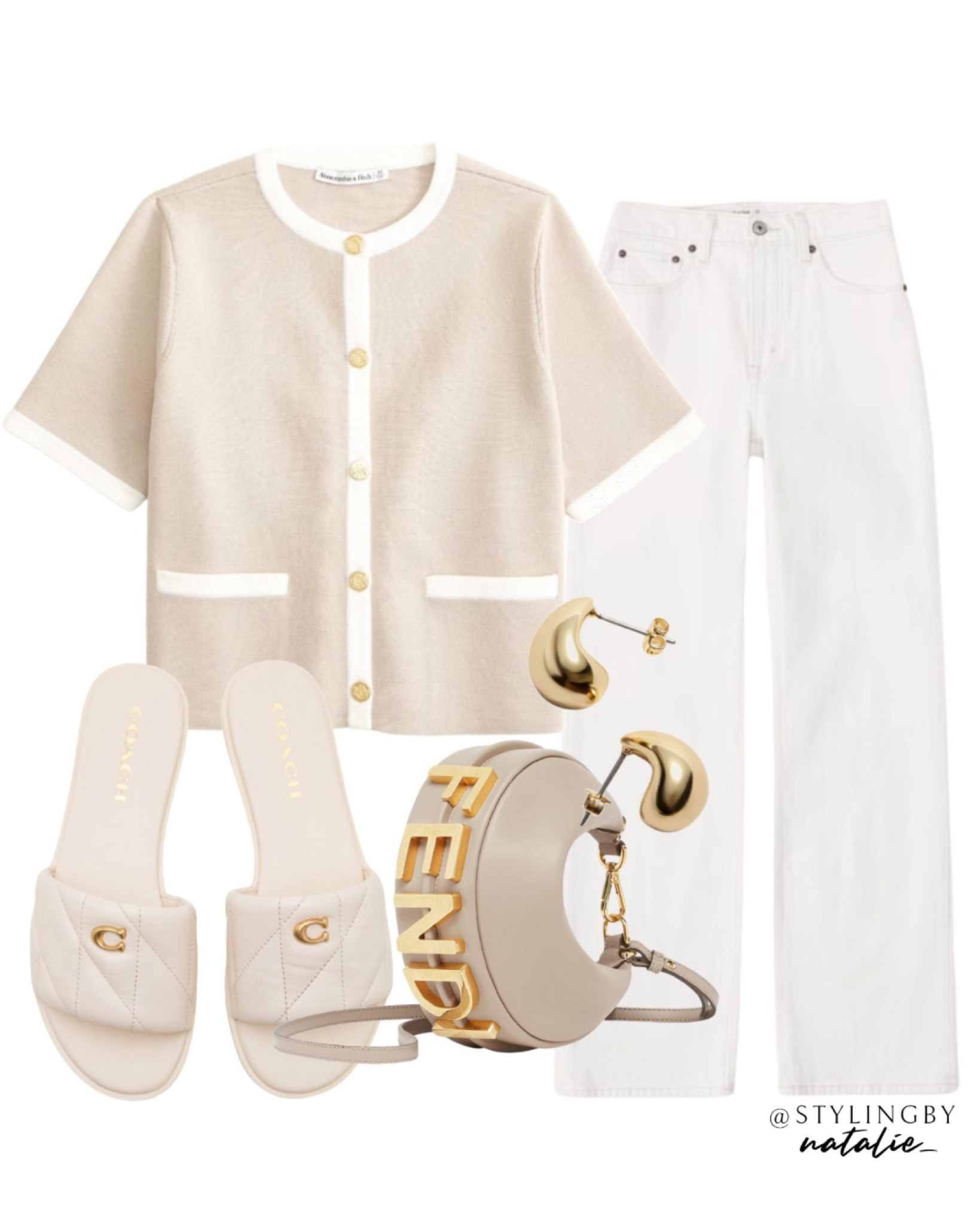 Contrast hem short sleeve cardigan top, high rise straight leg white jeans, coach sandals/slides, fendi fendigraphy bag, gold earrings.
🏷️Summer outfit, casual chic, neutral outfit, classy outfit, smart casual.

#LTKeurope #LTKworkwear #LTKstyletip