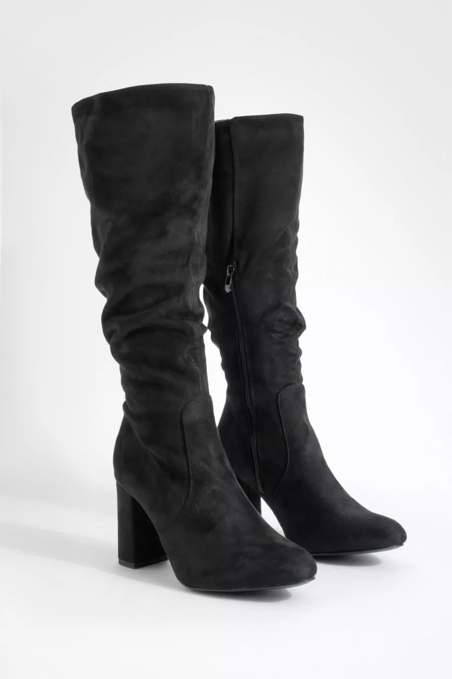 Wide Fit Slouchy Block Heel Knee High Boots | Boohoo.com (UK & IE)