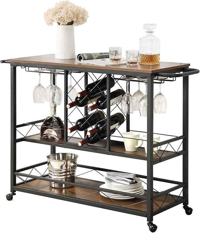 ASYA Industrial Bar Cart for Home with Wine Rack and Glass Holder, 3-Tier Rolling Kitchen Serving... | Amazon (US)