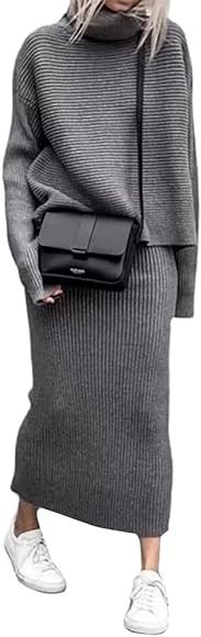 chouyatou Women's Turtleneck 2 Piece Outfits Ribbed Knit Sweater Midi Pencil Skirt Set | Amazon (CA)