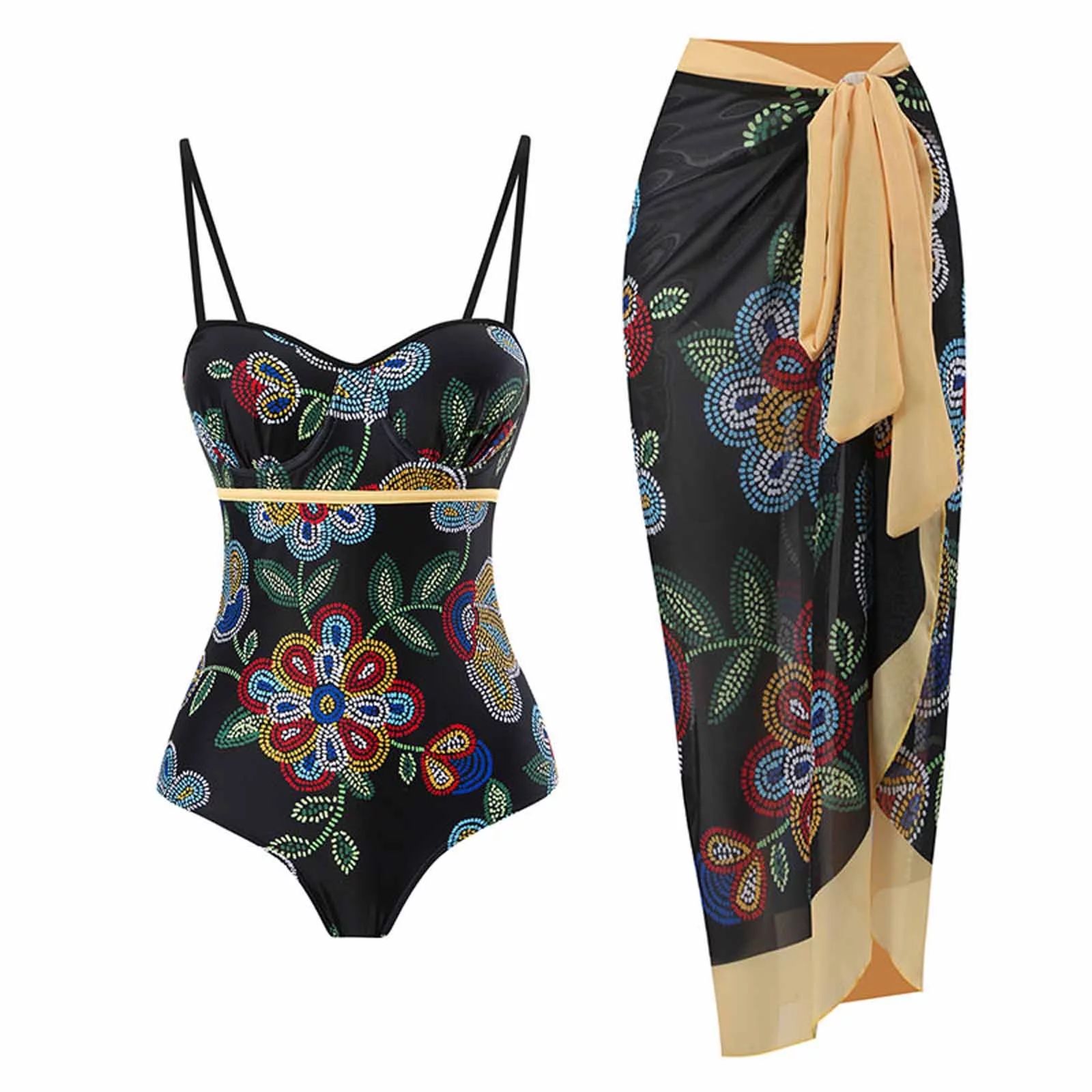 pstuiky Women 2 Pieces Beach Swimsuit Floral Print Bikini Swimsuit with Cover up Wrap Skirt Bathi... | Walmart (US)