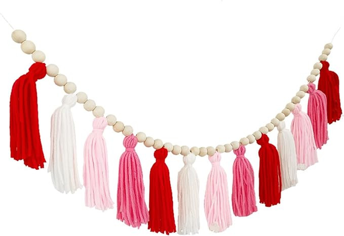 Boho Woolen Tassels Garland with Wood Beads Pink Red White Style Girls Nursery Decor for Home Roo... | Amazon (US)