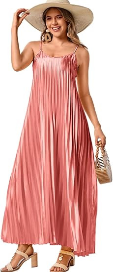Kaei&Shi Satin Pleated Dress,Spaghetti Strap Flowy Long Sundress for Women,Classy Beach Wedding G... | Amazon (US)