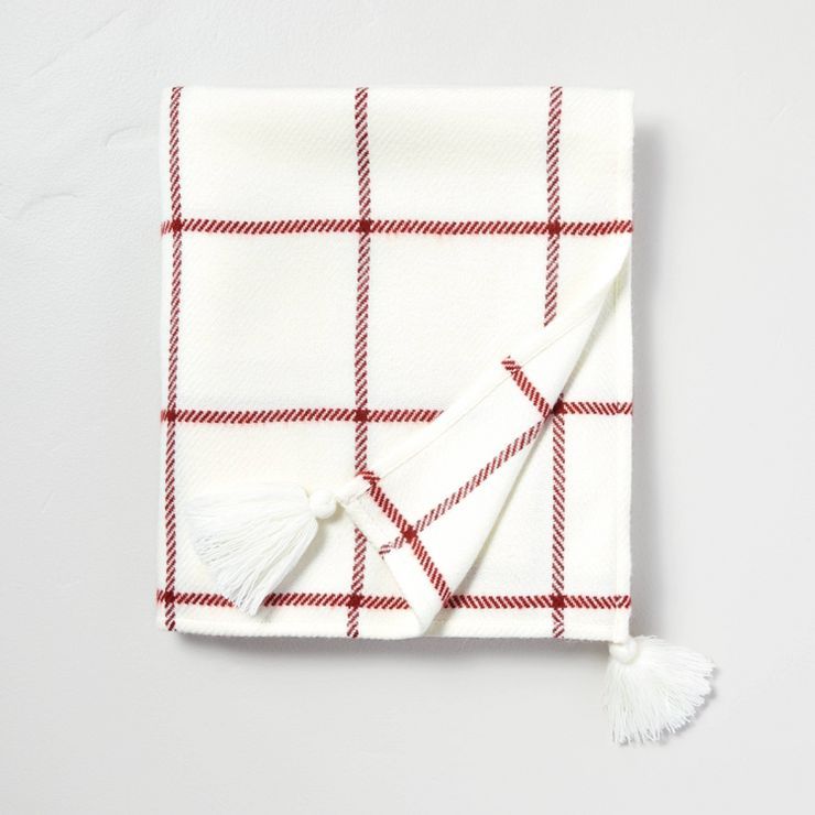Grid Lines Tasseled Woven Throw Blanket Cream/Red - Hearth &#38; Hand&#8482; with Magnolia | Target