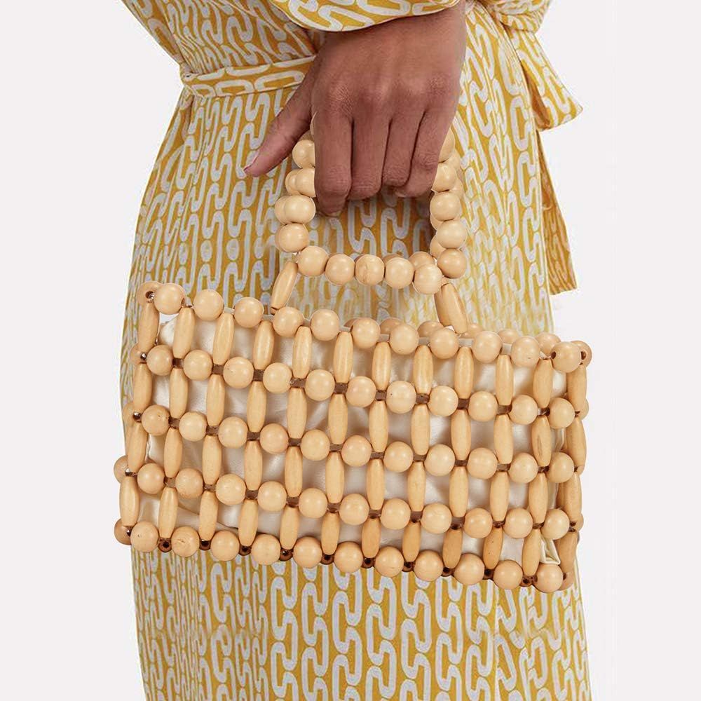Women Wood Beaded Handmade Bags Tote Beach Bag Bamboo Handmade Handbags Top-Handle Satchel Shoulder  | Amazon (US)