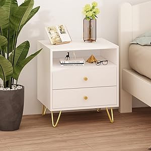 ECACAD Nightstand Modern Bedside Table with 2 Drawers, 1 Open Shelf & Gold Metal Legs, Minimalist... | Amazon (US)