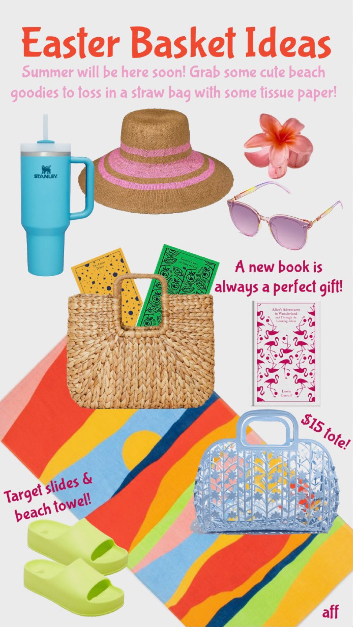Easter is so close to summer, I think a perfect Easter Basket idea is filling a straw bag with some beach accessories! A sun hat, fun sunglasses, beach reads, a fun pool towel…mix, match and make it your own! All of these are amazon and target finds that should arrive in time for easter!   easter basket ideas, easter basket for girls, easter basket for teens, easter basket under $20, easter basket ideas under $10, easter basket ideas under $20, sunhat under $20, Stanley cup, hair claw, sunglasses under $20, amazon easter basket, target easter basket, cheap easter basket, fun easter basket, beach towel, pool towel, target finds, amazon finds, straw purse, straw bag, straw tote, jelly tote, books, pretty books, decorative books, display books, beach slides, pool slides, beach vacation, resort wear, travel essentials, pool day, beach day, straw hat

#LTKGiftGuide #LTKfamily #LTKkids