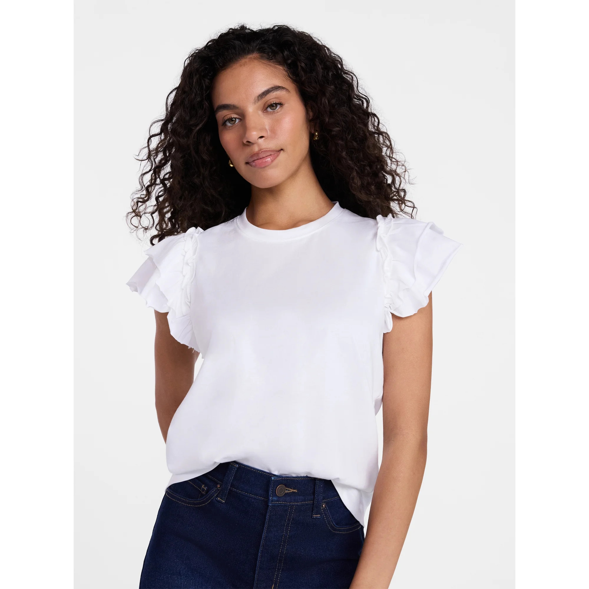 Time and Tru Women's Cotton Crewneck Tee with Ruffle Flutter Sleeves, Sizes XS-XXXL | Walmart (US)