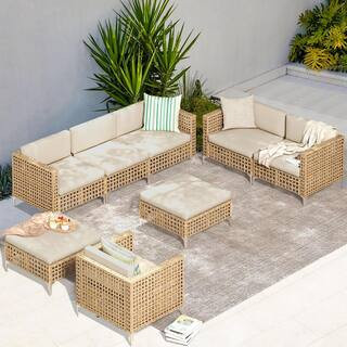 7-Piece Wicker Outdoor Sofa Sectional Set Patio Seating Sets with Khaki Cushions and Footstool R3... | The Home Depot