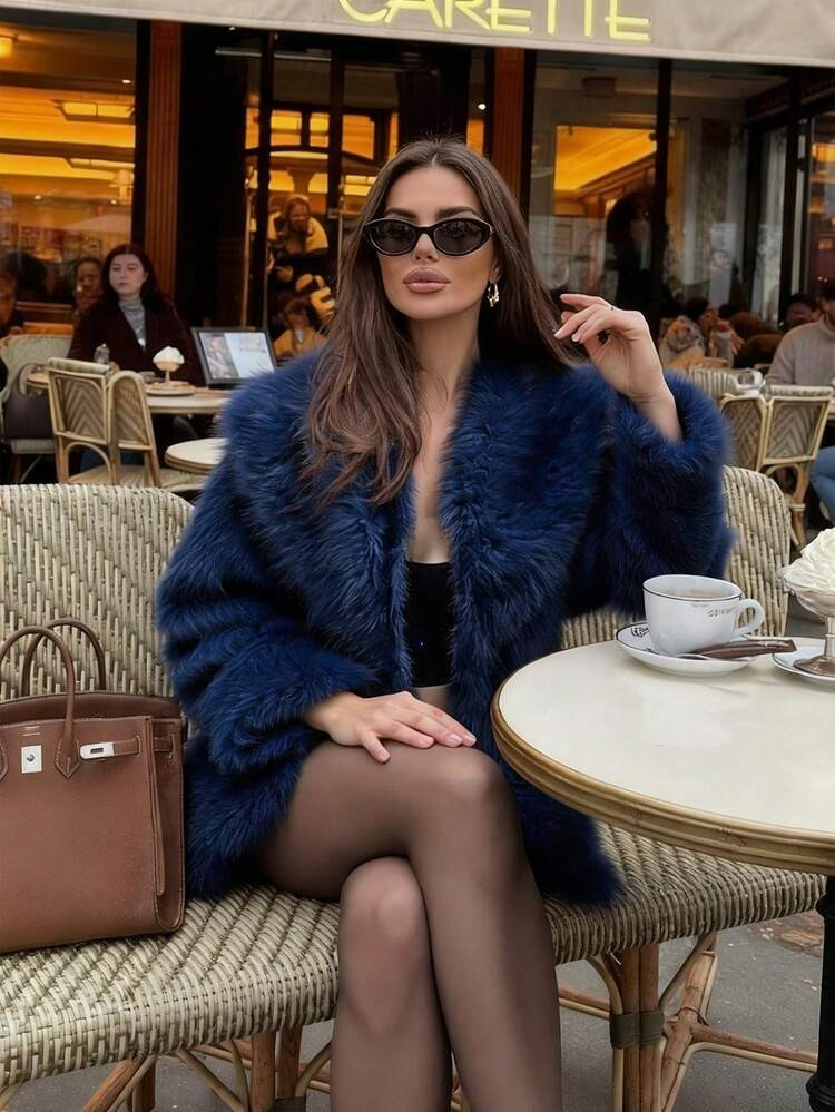 Blue Lapel Casual Fur Coat, Winter Coat, Party Women's Wear, Elegant Fur Coat ,Women's Solid Colo... | SHEIN