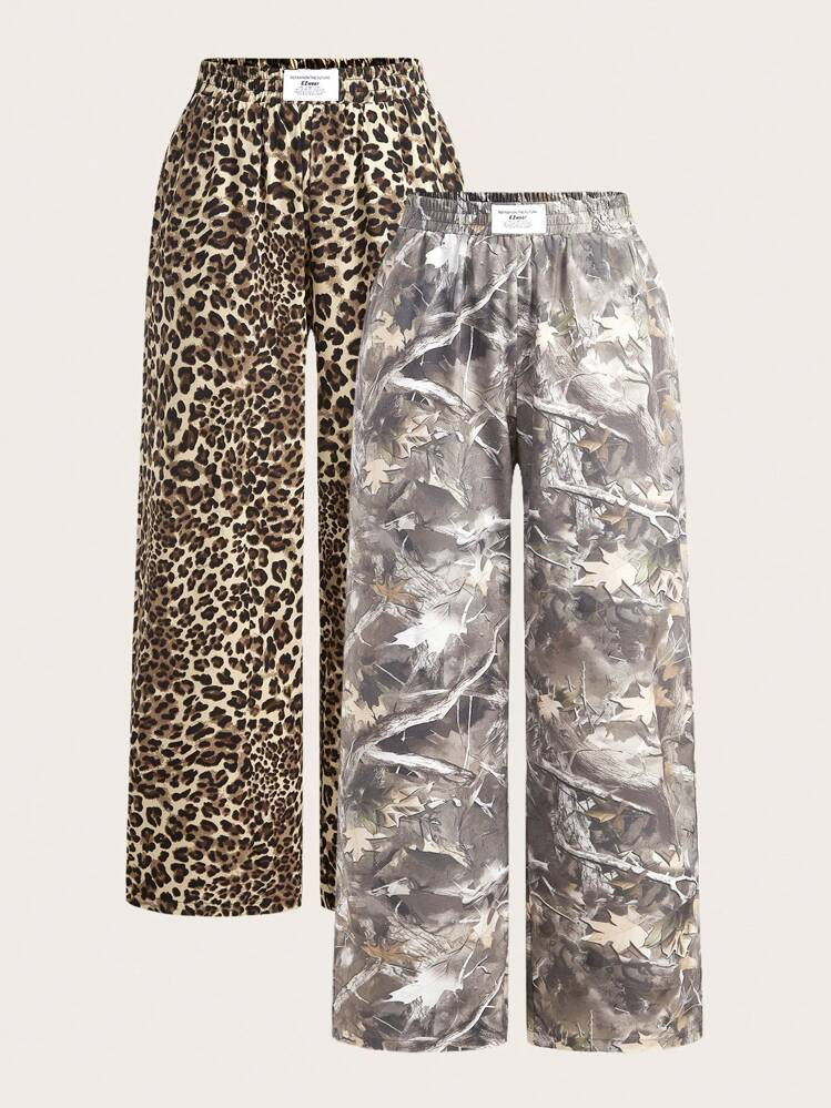SHEIN EZwear Woven Two-Tone Leopard Print Flare Leg Casual Women Pants | SHEIN