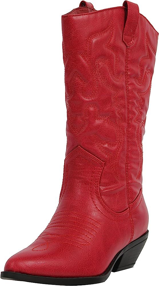 Soda Women's Red Reno Western Cowboy Pointed Toe Knee High Pull On Tabs Boots | Amazon (US)