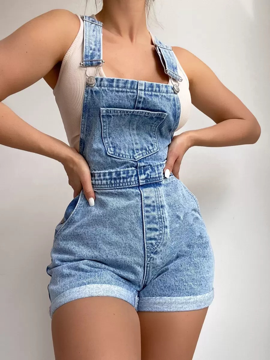 Flexra Roll Up Hem Denim Overall Romper Without Tank Top | SHEIN