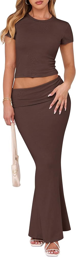 ANRABESS Skirt Sets for Women 2 Piece Outfits 2025 Summer Crop Top Fold Over Maxi Skirt Set Going... | Amazon (US)