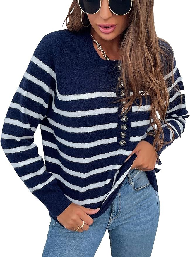 FEIYOUNG Womens Casual Round Neck Button Sleeve Pullovers Soft Striped Sweater Jumper | Amazon (US)
