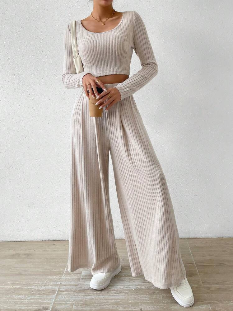 Zielony Scoop Neck Crop Tee & Wide Leg Pants Fall Cloth For Women | SHEIN
