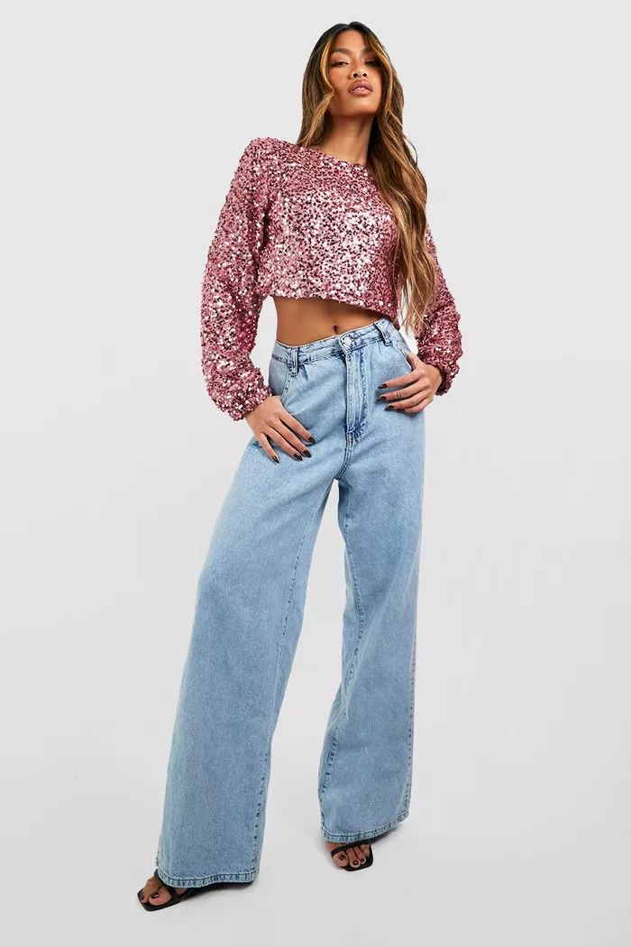 Sequin Chain Back Detail Long Sleeve Top | boohoo (US & Canada)