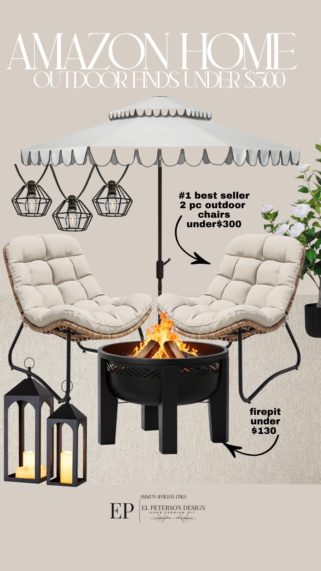 Amazon Outdoor
Outdoor umbrella
String lights
Set of 2 outdoor chairs
Fire pit
Floor lantern
Potted flowers 

#LTKHome