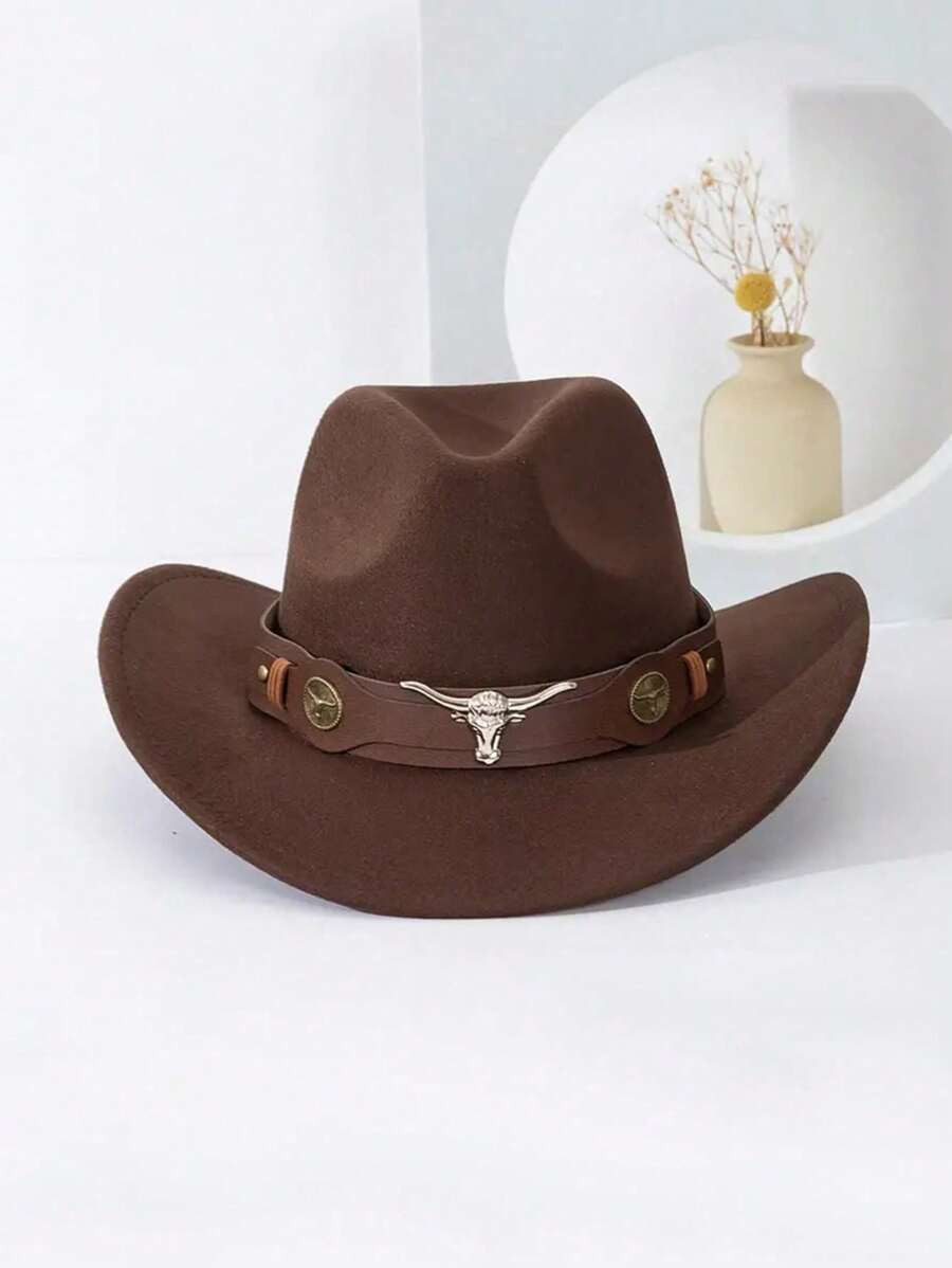 1pc Unisex Cowboy/Cowgirl Style Cattle Head Belt Decor Boho Beach Sun Hat, Soft Felt Fedora Hat F... | SHEIN