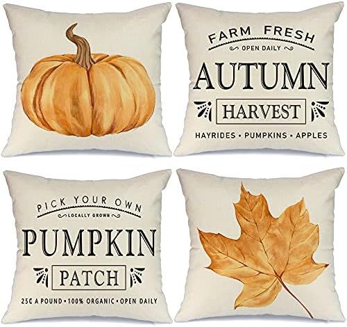 AENEY Fall Pillow Covers 18x18 inch Set of 4 Pumpkin Maple Leaf Harvest Outdoor Fall Pillows Decorat | Amazon (US)
