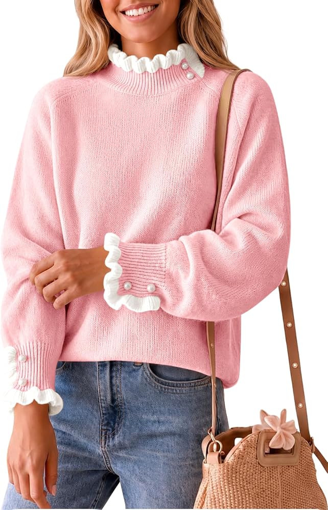 Saodimallsu Womens Mock Neck Ruffle Sweater Tops Pearl Knit Pullovers | Amazon (US)