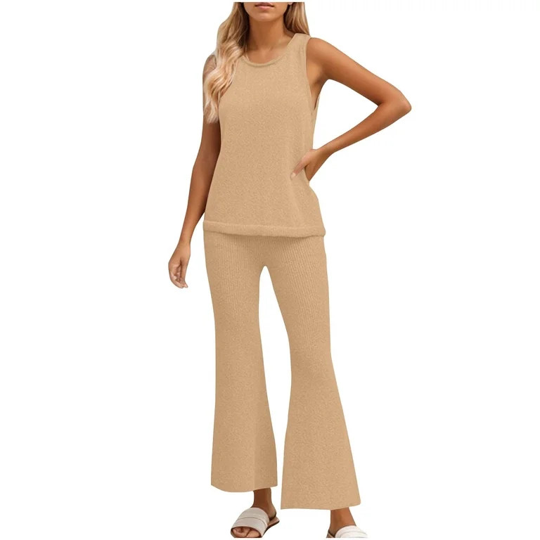 2 Piece Outfits for Women Sleeveless V Neck Rib Knit Tank Tops Flare Pants Sets 2025 Summer Track... | Walmart (US)