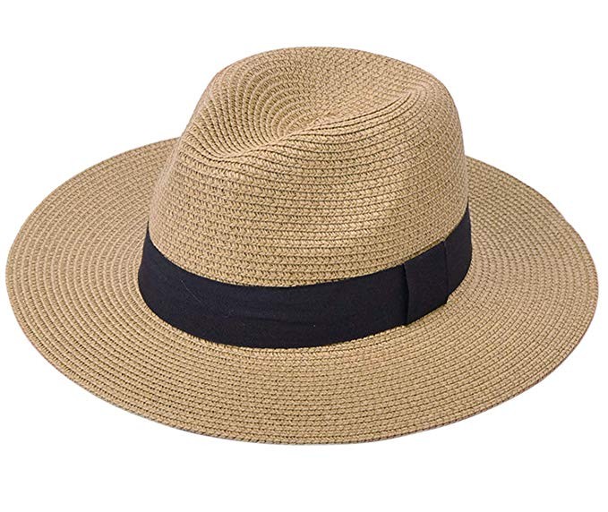 Lanzom Women Wide Brim Straw Panama Roll up Hat Fedora Beach Sun Hat UPF50+ | Amazon (US)