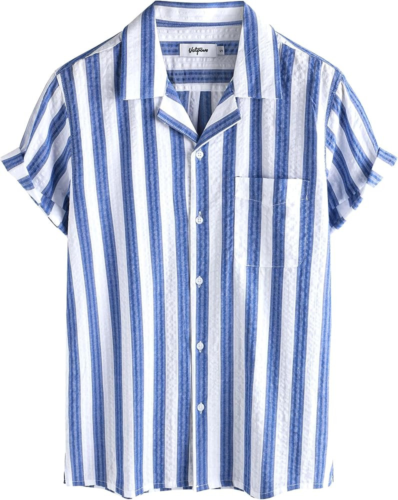 VATPAVE Mens Striped Summer Shirt Casual Button Down Short Sleeve Beach Shirts Cotton Shirts for ... | Amazon (US)