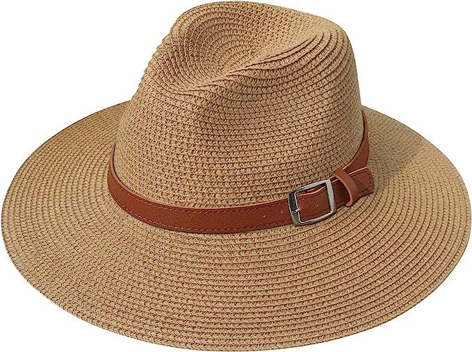 Lanzom Women Wide Brim Straw Panama Roll up Hat Belt Buckle Fedora Beach Sun Hat UPF50+ | Amazon (US)