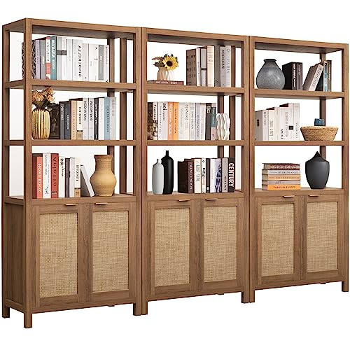 SICOTAS Bookshelf 5 Tier Book Shelf Rattan Boho 71" Tall Bookcase with Doors Storage Shelves Large Bookshelves Farmhouse Bookcases Library Book Case for Living Room Bedroom Home Office Kitchen | Amazon (US)