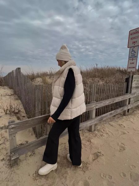 Abercrombie black long sleeve basic tees and lululemon elastic waist cargo pants with Chelsea boots and amazon puffer vest and designer inspired beanie for a winter beach look, cold weather spring transitional look

#LTKmidsize #LTKstyletip #LTKSeasonal