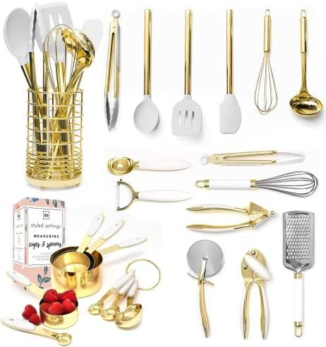 Amazon.com: Gold Cooking Utensils with Gold Measuring Cups and Spoons Set - 23 Piece Luxe White a... | Amazon (US)