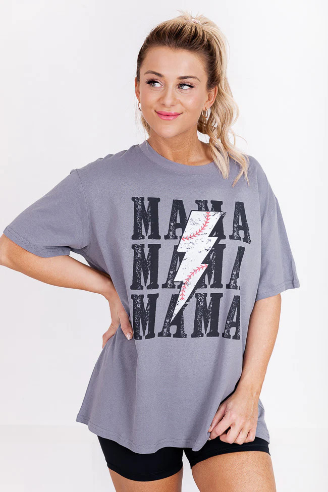 Mama Repeat Baseball Lightning Bolt Grey Oversized Graphic Tee | Pink Lily