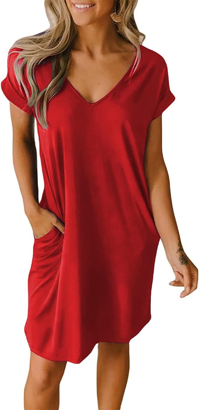BTFBM Women V-Neck Short Sleeve Summer Dresses 2024 Spring Casual Loose T-Shirt Tunic Short Dress... | Amazon (US)
