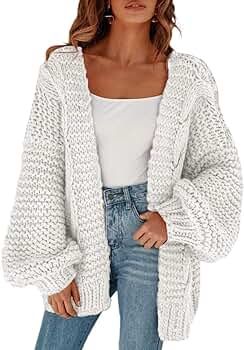 Cicy Bell Women's Open Front Chunky Knit Cardigan Loose Lantern Sleeve Oversized Sweater Coats | Amazon (CA)