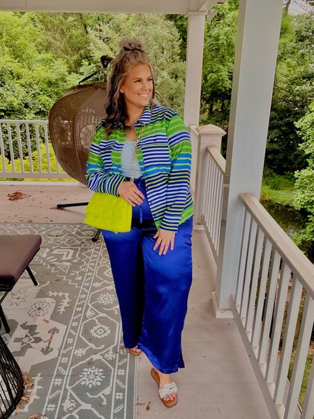  ✨SIZING•PRODUCT INFO✨
⏺ Cobalt Blue Silky Satin Drawstring Pants with Large Bottom Side Slit - XXL - TTS @walmartfashion  
⏺ Multi-Color Stripe Silky Blouse - XL  - TTS (prefer XXL though) @walmartfashion  
⏺ Silver Knot Sparkle Slides - TTS @walmartfashion 
⏺ Light Blue Ribbed Cami - XL - run a little big @walmartfashion 
⏺ Lime Green Quilted Shoulder Bag with Gold Chain •• mine no longer available from @targetstyle but linked similar option(s) from @amazonfashion 
⏺ Favorite Shaping Capri - XL - TTS @amazon 

#walmart #walmartfashion #walmartstyle  walmart fashion, walmart style, walmart outfit, walmart look, walmart fashion, found it at walmart, walmart fashion finds, walmart summer, walmart winter, walmart fall, walmart spring, walmart new arrivals, walmart outfit, walmart outfit inspo, walmart outfit inspiration, walmart curves, walmart curvy, curvy walmart, midsize walmart, walmart midsize, walmart ootd, walmart shopping, new at walmart  
workwear outfit, date night look)
Workwear outfit, vacation outfit, vacay look, blue and green outfit, button down, button up, silky, blouse, striped, blue pants, silky pants, satin pants, drawstring, split hem, blue, dark blue, cobalt blue, green, collar, lime green, chain, bag, purse, shoulder bag, quilted bag, monochromatic, bright green, sparkle, knot, slides, satin shirt, silky shirt
 #under20 #under30 #under40 #under50 #under60 #under75 #under100
#affordable #budget #inexpensive #size14 #size16 #size12 #medium #large #extralarge #xl #curvy #midsize #pear #pearshape #pearshaped
budget fashion, affordable fashion, budget style, affordable style, curvy style, curvy fashion, midsize style, midsize fashion

#LTKFindsUnder50 #LTKStyleTip #LTKMidsize