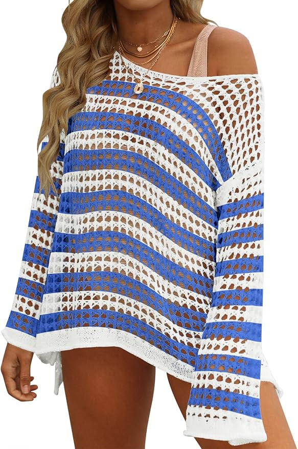 ZESICA Women's 2024 Summer Crochet Hollow Out Long Sleeve Beach Bikini Swimsuit Mesh Cover Up Tun... | Amazon (US)