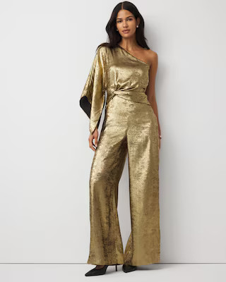 One-Shoulder Metallic Chiffon Jumpsuit | White House Black Market
