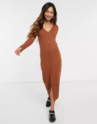 ASOS DESIGN ribbed midi dress with button front placket in brown | ASOS (Global)