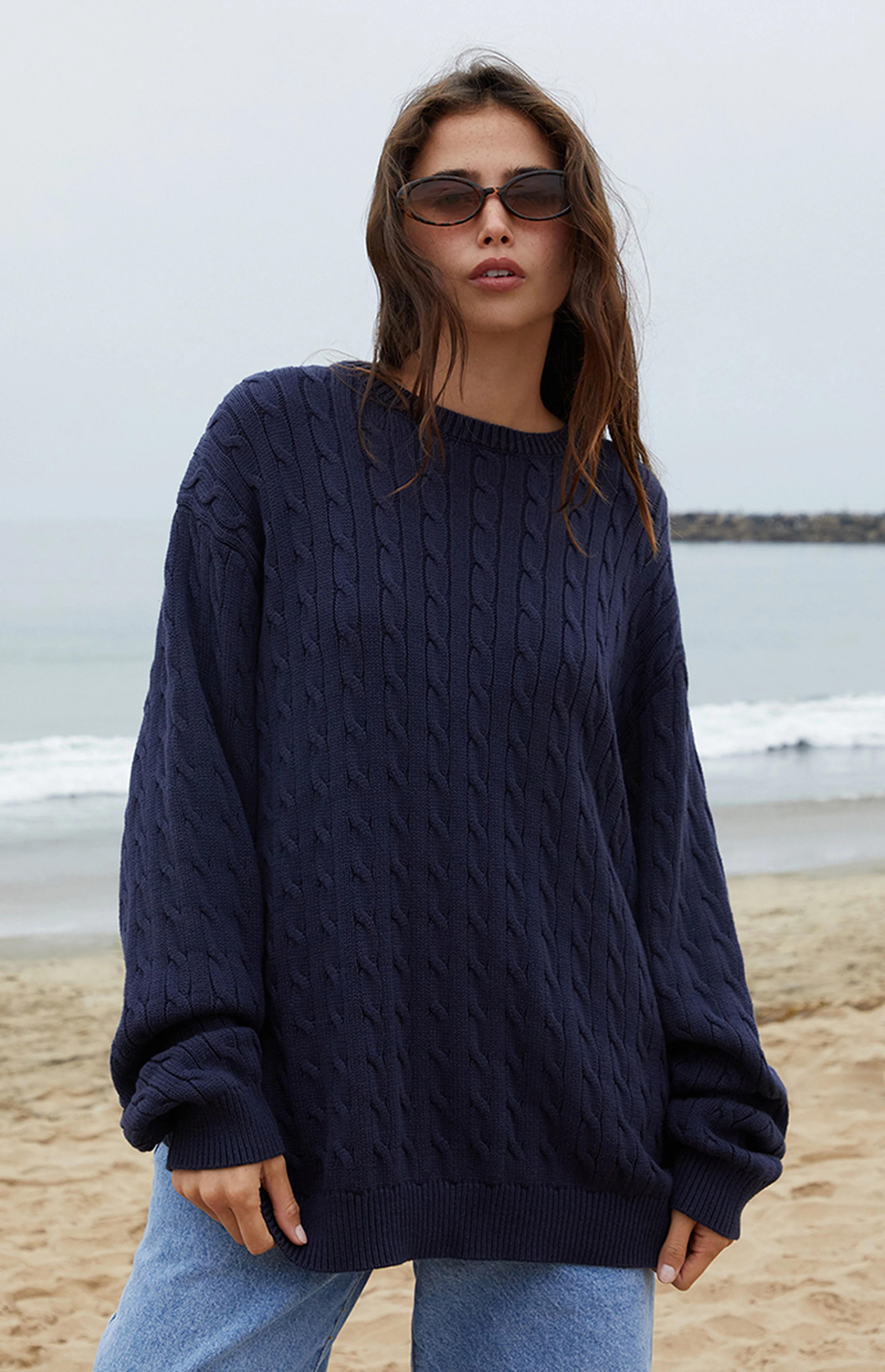 John Galt Blue Briana Cable Knit Oversized Sweater | PacSun