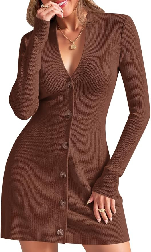 Wenrine Womens Deep V Neck Sweater Dress Long Sleeve Knit Mini Dresses | Amazon (US)